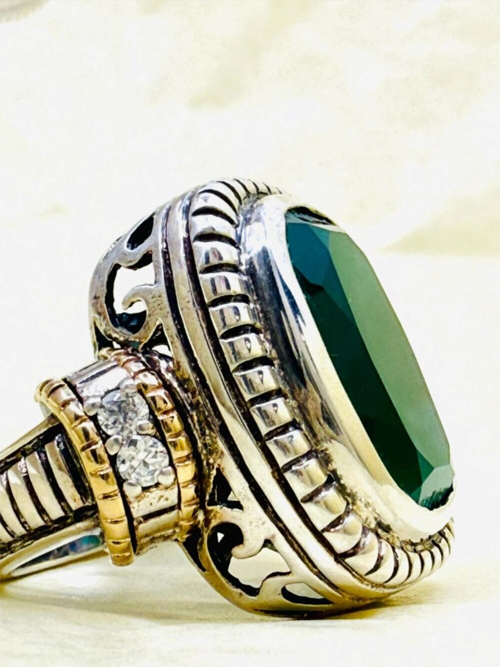 Vintage 14K Gold Sterling Silver Green Onyx Statement Ring Size 7 - Picture 4 of 10